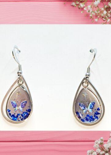 Uhani "Srebrni metulj" - Ročno izdelani jekleni uhani z UV smolo