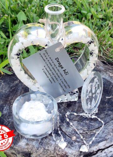 Unikaten luksuzni darilni set: Srebrna verižica, zapestnica, epoksi vaza in osebno posvetilo